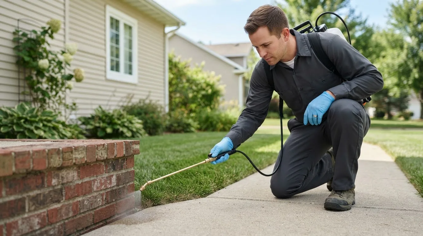 Pest control technician treating a home near Victorville, CA